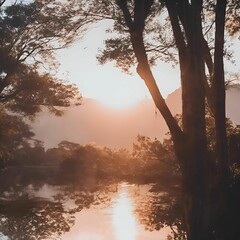 Wall Mural - AI generated illustration of a serene landscape of a forest with a river reflecting the sunrise
