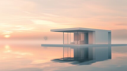 Modern minimalist house on a calm lake at sunset, serene retreat concept