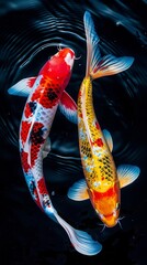 Two koi fish swimming together, their colors shining brightly against the dark blue ripples creating a peaceful atmosphere