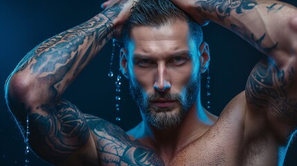 a male model with a tattoo sleeve, posing confidently in a modern studio with dramatic lighting.