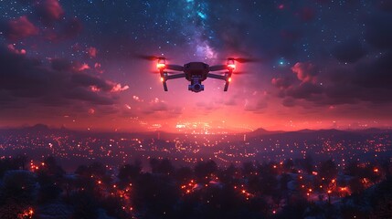 Wall Mural - A drone flying in the night sky with its lights illuminated, stars twinkling above, and a cityscape visible below.