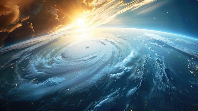 A stunning view of a powerful cyclone over Earth with the sun shining brightly above creating a dramatic, awe-inspiring scene from space.