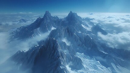 Wall Mural - A drone view of a rugged mountain range, with sharp ridges, snow-covered peaks, and expansive valleys.