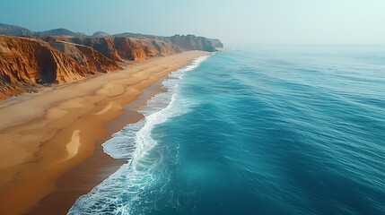 Wall Mural - A drone view of a scenic coastline, with the ocean waves rolling onto a sandy beach and cliffs in the background.