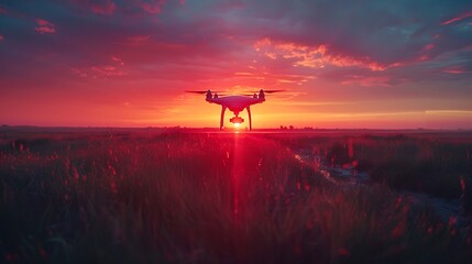 Wall Mural - A drone view of a sunset sky, with the drone's silhouette standing out against the vibrant hues of orange and pink.