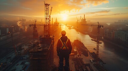 Wall Mural - An aerial drone shot of a large construction site at sunrise, with shadows cast by cranes and building structures, and workers beginning their day.