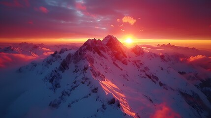 Wall Mural - An aerial drone shot of a mountain range at sunset, with warm light casting a glow on the snow-capped peaks and deep shadows in the valleys.