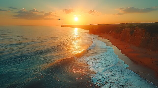 Drone flying along a coastline at sunset, with warm light illuminating the waves and beach, creating a serene and beautiful scene.