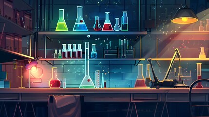 A colorful lab with many glass beakers and bottles on shelves