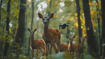 Wall Mural - A drone flying above a nature reserve, capturing a herd of deer moving through a dense forest.