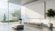 © ImageFlow - Modern interior with framed blank white poster, minimalist benches and plants, large windows showing green landscape outside. Concept of contemporary design.  Generative AI