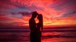 © serg3d - A couple is standing on the beach at sunset with a red sky. AI.