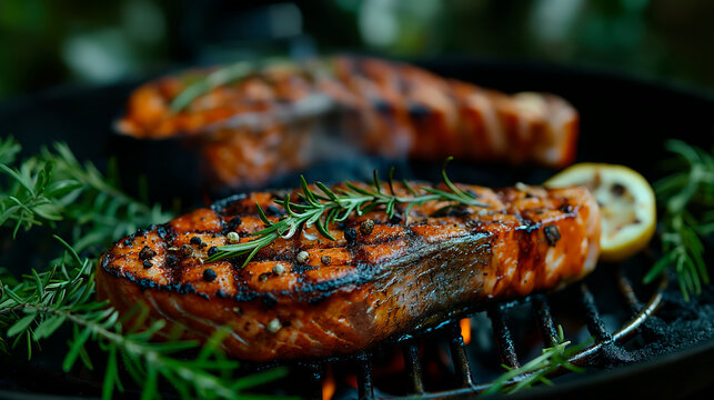 Grilled salmon steaks with peppercorns and rosemary, dark background, food and cooking concept.  Generative AI
