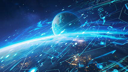 Earth with blue digital lines and stars with copy space text for technology, space, and future.