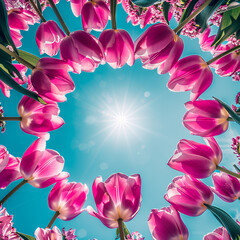 Sticker - Pink tulips arranged in a circular pattern with the sun shining brightly in the center. The scene is vibrant and full of life