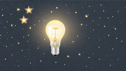 Light bulb with a book inside on a dark blue background with stars with copy space text for education, knowledge, and inspiration.