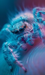 Poster - A close-up of a jumping spider with blue and pink lighting. AI.