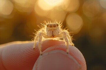 Wall Mural - A close-up of a jumping spider on a fingertip. AI.