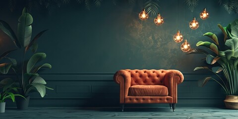 Retro style armchair in a surreal room with tropical plants and glowing lamps. AI.