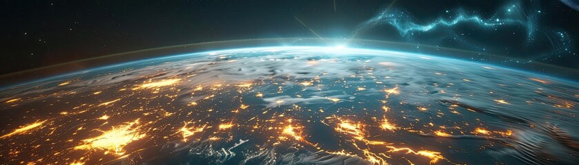 Breathtaking view of Earth from space, showcasing illuminated cities and a vibrant atmosphere against the dark expanse of outer space.