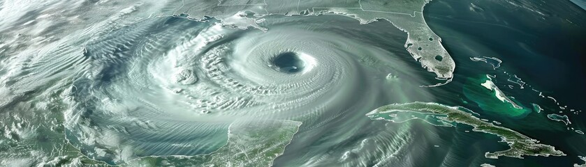 Wall Mural - Aerial view of a powerful hurricane swirling over the ocean near Florida, showcasing the eye and spiral clouds of the storm.