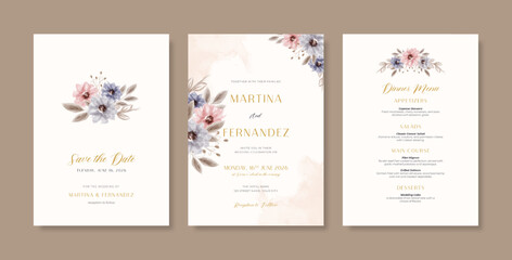 Wall Mural - Beautiful wedding invitation template with flower watercolor