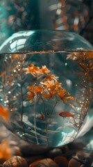 A fish tank with a few orange flowers and a goldfish. The flowers are floating on the water and the fish is swimming around them