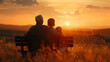 © Erika - un abuelo sentado en una banca en un atardecer al aire libre entre las montañas en el campo con sus nietos enseñandoles amor y experiencia disfrutando el dia de los abuelos con enseñanza y amor