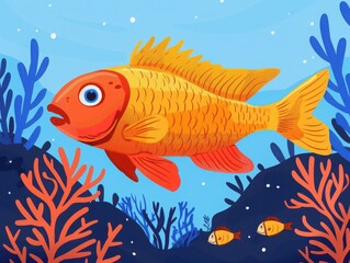 Vibrant illustration of an orange fish swimming among colorful coral in a bright blue underwater scene.