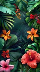 Sticker - Lush Tropical Foliage and Vibrant Exotic Flower Pattern Frame Background