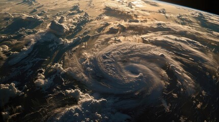 Wall Mural - A stunning aerial view of a cyclone forming over the Earth's surface, captured from space, showcasing powerful weather patterns and cloud formations.