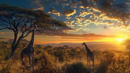 sunset over the field and  giraffe .