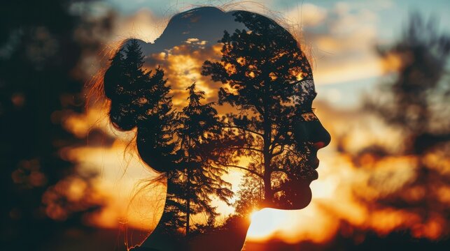 Silhouette of a woman with a nature landscape overlay, featuring trees and a sunset, symbolizing harmony between humans and nature.