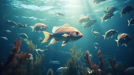 A serene underwater scene with various fish swimming amidst aquatic plants and coral, illuminated by gentle sunlight filtering through the water.