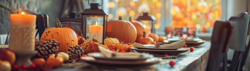 Cozy fall table setting with pumpkins, candles, and autumn decorations in a warm, inviting dining room, perfect for Thanksgiving celebrations.