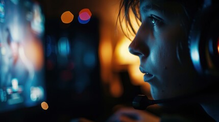 Focused gamer wearing a headset and playing video games on a computer monitor in a dimly lit room.