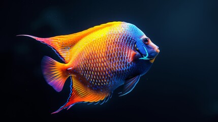 Neon-colored angelfish isolated on a black background, vibrant hues, glowing and detailed