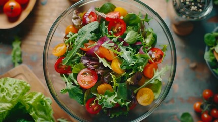 Wall Mural - Aerial view of a rotating bowl of fresh salad ingredients