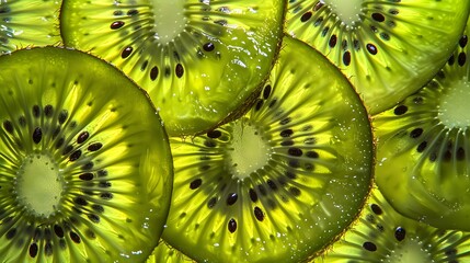 Wall Mural - Close up of green kiwi fruit slices.