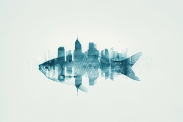 Surreal double exposure of a fish overlaying city skyscrapers, blending nature and urban environments in a conceptual artwork.