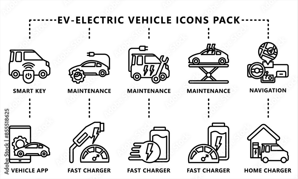 EV-Electric Vehicle black outline icons pack, related to EV, electric ...
