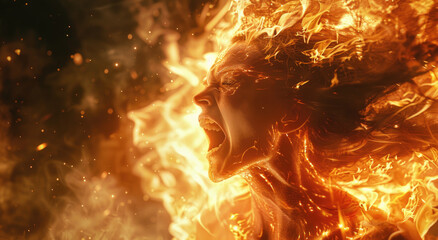 an attractive female fire genasi screaming in rage, her hair is on fire and she's surrounded by flames