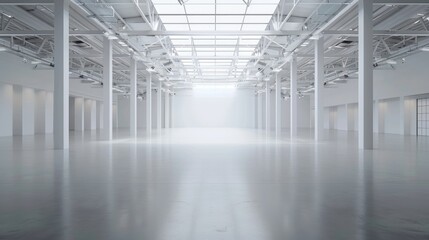  Spacious white warehouse with a minimalistic design and an empty, open floor plan, set against a pure white background.