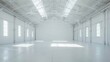 © kitipol - Spacious white warehouse with a minimalistic design and an empty, open floor plan, set against a pure white background.