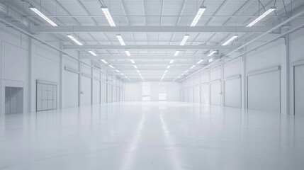  Spacious white warehouse with a minimalistic design and an empty, open floor plan, set against a pure white background.