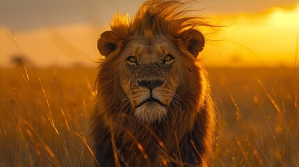 Poster - Majestic Lion Staring Intently at the Flowing in the Golden Savannah