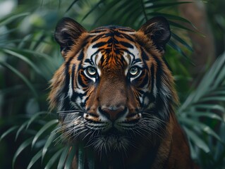 Poster - Captivating Tiger Face with Piercing Eyes Surrounded by Dense Jungle Foliage