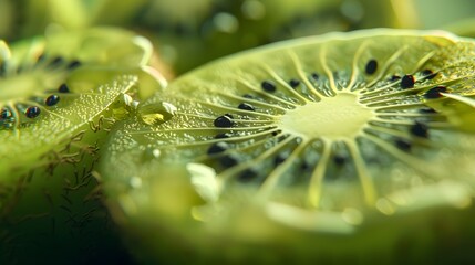 Close up of green kiwi fruit slices.