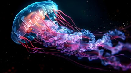 Wall Mural - Mesmerizing Neon Jellyfish Floating in the Darkness Glowing Tentacles Trailing in Ethereal Radiance