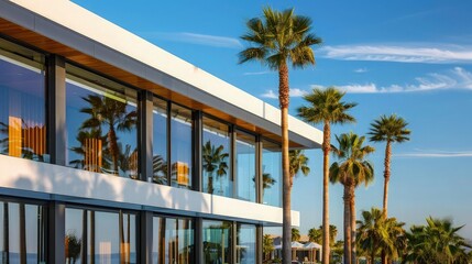 Sticker - A modern resort facade wallpaper, showing sleek architecture with clean lines and large glass windows reflecting the surrounding palm trees.